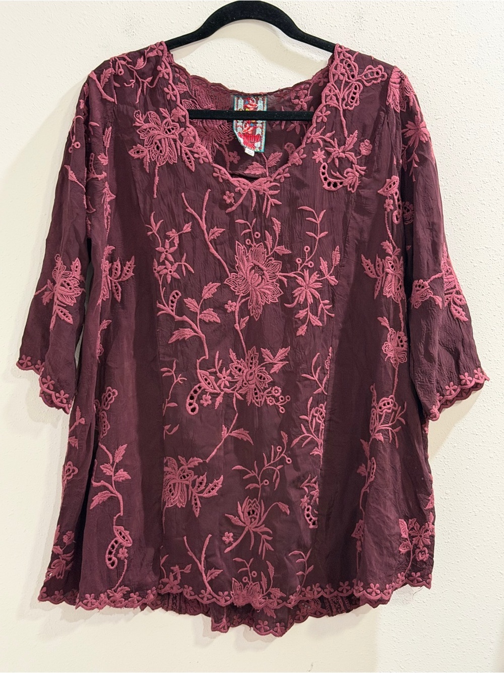 Johnny Was Small Burgundy Floral Embroidered Tunic Top Boho Cottagecore Casual